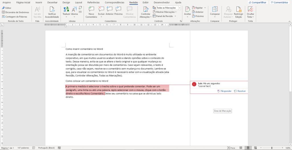 Imagem colocar comentario no Word tutorial