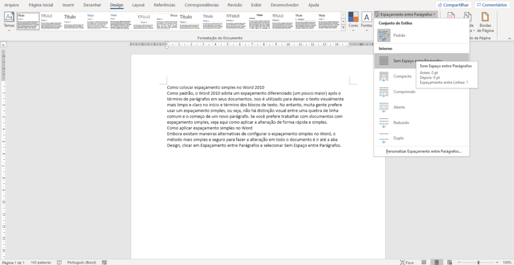 imagem de espacamento simples word 2010